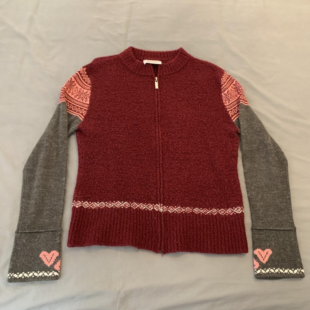 Harry Potter Sweater Womens Medium Red Gray Full‎ Zip Fair Isle Hearts Knit